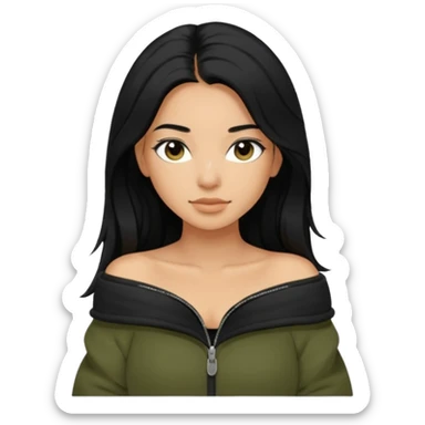 Siyah uzun saçlı siyah ceket  polar ceket ceket gevşek biraz omzundan çıkıyormuş gibi ve bugday ten rengi soltaraftaki omzundan çıkık sadece içinde de siyah crop var crop açık esmer esmer sticker