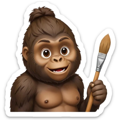a happy gorilla with a paint brush in his hand. He is looking curiously. sticker