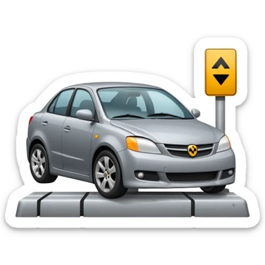 car crashed to a trafic barrier barrier in front of car and car front panel broken sticker