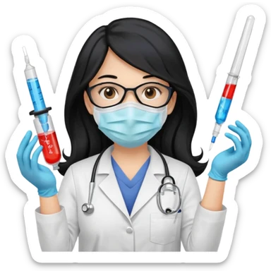 medica con guantes  y mascarilla e insumos laboratorio  jeringa tubos  pelo negro largo triguella sticker