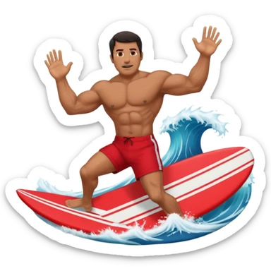 50 year old, muscular, dark haired, tan, red shorts man riding a big wave sticker
