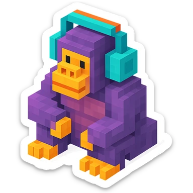 voxel style gorilla sitting and listening to music with headphones, isometric view sticker