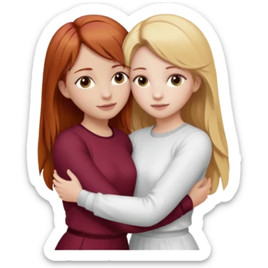 two girls who hug eachother. one has auburn hair with blonde highlights and very pale skin and is wearing white outfit, other has medium-fair skin and blonde hair and is wearing a burgundy outfit sticker