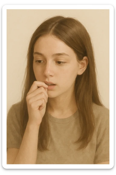 simplified realistic portrait of a girl with long brown hair biting her nail sticker