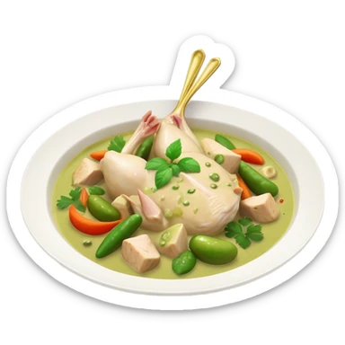 Cinematic Realistic Green Chicken Curry Dish Emoji, depicted with tender chicken simmered in a fragrant green curry sauce with vegetables rendered with rich textures and dynamic, vibrant lighting. sticker