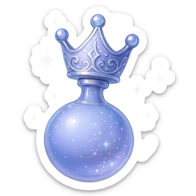 galutinis itin prabangus labai mažas eliksyro buteliukas, įkvėptas karūnos: viršuje karūnos forma, spalva #7986cb, apačia sklandžiai pereina į apvalų, uždarą buteliuką (ne plokščia, ne stiklinė), visas buteliukas atrodo tarsi sklandytų ir suktųsi ore, elegantiškos sidabrinės ir holografinės detalės, magiški švytėjimai ir blizgesiai, labai mažas kaklelis, vientisa apvali apačia, skaidrus fonas, be pagrindo ar šešėlio, modernus, kolekcijai tinkamas, dar mažesnės proporcijos sticker