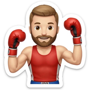 white man with beard, wearing boxing gloves, smiling sticker