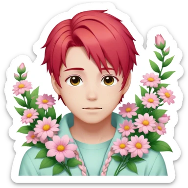 Gorgeous pastel red hair with a thin braid on the side anime style shojo guy with blushing face and flowers aesthetic trending style outside sticker