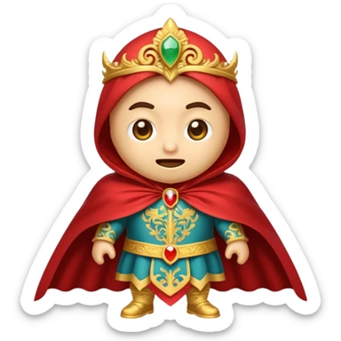 emoji-style creature with Italian and Indonesian characteristics, showing hyperactivity and delusions of grandeur, with a cape or scepter sticker