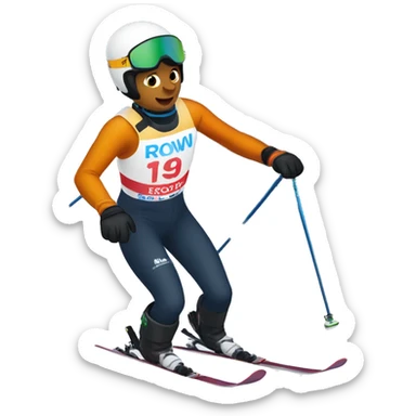 18 year old boy alpine ski racing at 60 mph wearing a bib that says Rowmark. sticker