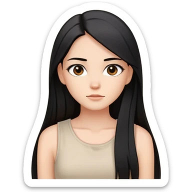 Female with straight long black hair parted in middle, beige skin, big brown eyes, natural makeup, white sleeveless top sticker