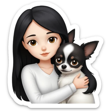 A girl with fair skin, wearing white clothes, gently and tightly hugs a black long-haired Chihuahua sticker
