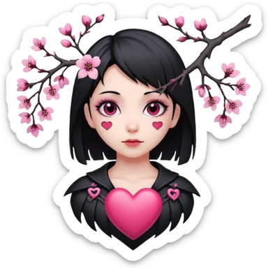 goth sakura heart, heart pierced by sakura branch, black and pink sticker