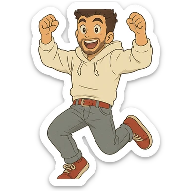 1 male, mid fade haircut dark chestnut brown curly hair, toasted lightskin, white hoodie sleeves up, gray fashion jeans, red fashion-sneakers shoes, red belt, short trimmed beard and goatee,  style of deku from "my hero academia",  doing a pose for a "happy" emote for twitch sticker