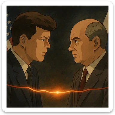 realistic illustration of John F. Kennedy and Mikhail Gorbachev facing each other, a glowing hot wire connecting them, US and Russian flags, tense Cold War atmosphere sticker