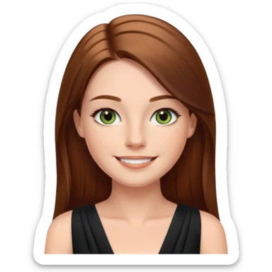confident CEO named Freya McOmish, smiling, hazel green eyes, straight long hair parted in the middle, subtle freckles, broad shoulders, wearing a black evening dress sticker