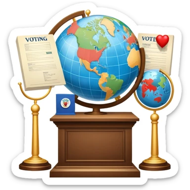 An icon featuring a podium with a speaker, a ballot box with a voting slip, and a globe, symbolizing political science. The design includes scales of justice and a world map in the background, representing governance and global politics. Transparent background highlights political analysis. sticker