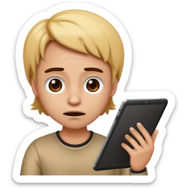 emoji holding and drawing on tablet using a stylus, looking down at screen in frustration sticker