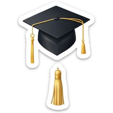 A classic black graduation cap (mortarboard) with a flat, square top and a golden tassel hanging from one corner. The tassel is slightly curved as if gently swaying. The cap is positioned at a slight angle, appearing elegant and academic. The background is plain white sticker