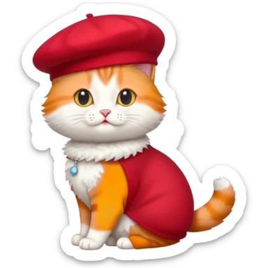 A cute cat emoji, full body, standing in side view, wearing a stylish red beret. sticker