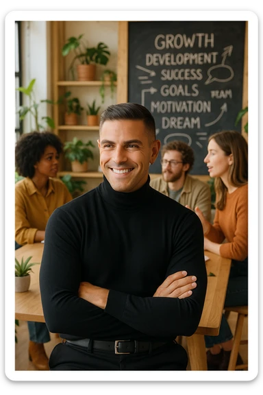 A confident man sitting in a cozy, modern coworking space, surrounded by positive, driven people engaged in creative conversation. He listens, learns, and occasionally smiles, visibly elevated by their presence. Behind him, a chalkboard or whiteboard with empowering words and ideas. The environment is filled with natural light, plants, and soft wooden textures. The atmosphere suggests emotional growth, support, and personal development. sticker