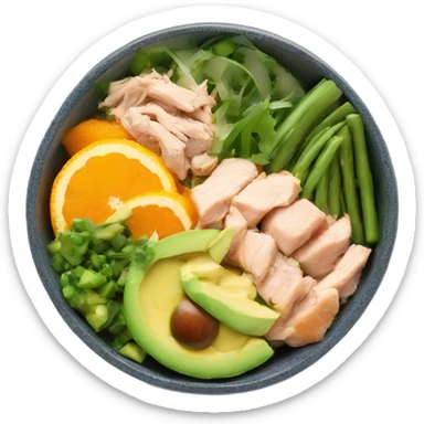 Poke bowl with chicken, avocados, oranges, cucumbers and green beans; side view sticker
