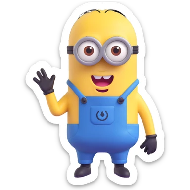 cute yellow minion character wearing blue overalls in a playful pose sticker