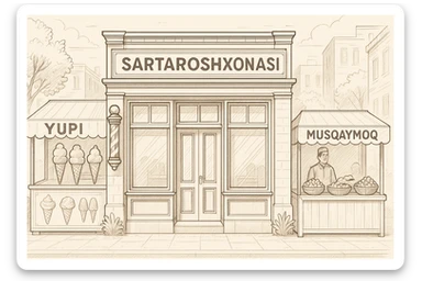 brohouse sartarosh xonasini chizib ber tashqaridan va uning yonida yupi va musqaymoq sotadigan lavkalar bulsin sticker