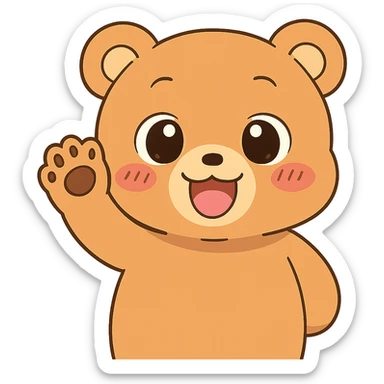 Make the anime style bear waving bye cuter by giving it bigger eyes and a rounder face. Keep no background. The style should remain anime-like. sticker