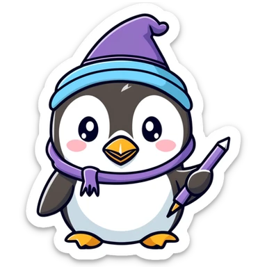 a cute penguin wizard with a pointy hat and a magic wand sticker