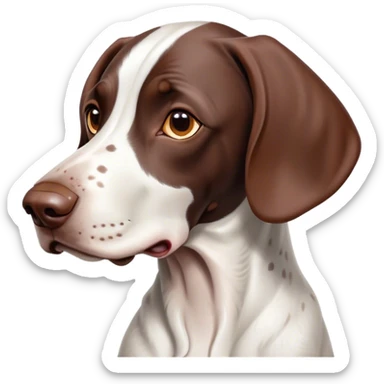 Cinematic Cute German Pointer Portrait Emoji, Head tilted playfully and inquisitively, showcasing a smooth liver and white coat with a healthy sheen, round, sparkling brown eyes filled with curiosity, Simplified yet irresistibly adorable features, highly detailed, glowing with a warm, friendly glow, high shine, affectionate and spirited, stylized with a touch of whimsy, bright and endearing, soft glowing outline, capturing the essence of a mischievous yet loving companion, so playful it feels like it could dash out of the screen and into your arms! sticker