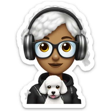 edgy girl with headphones on holding a white poodle sticker