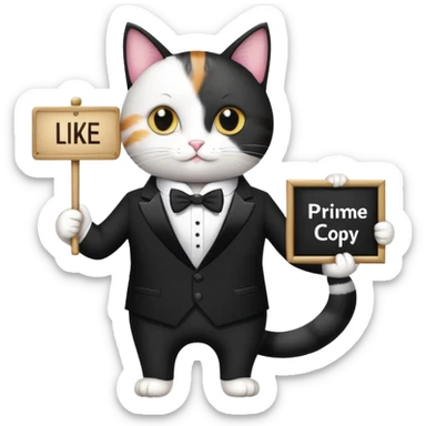 A cat in a black business suit holds a sign with the inscription "PrimeCopy" with one paw and shows a like with the other paw sticker