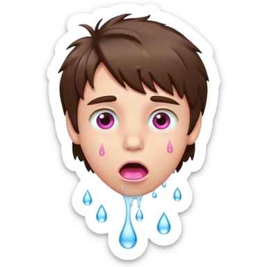 Boy with shaggy brown hair, pink eyes rolled back, mouth open , water drop dripping from lips sticker
