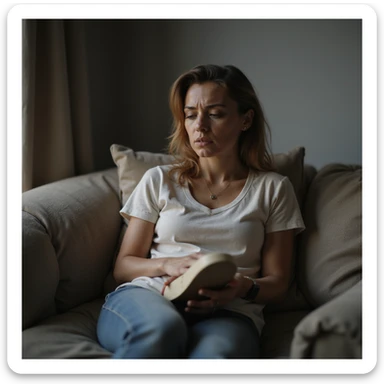 realistic 4K woman sitting on sofa holding insole, looking at foot with dissatisfied expression, natural light sticker
