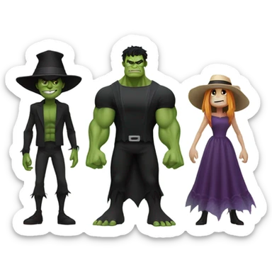 Spider-Man, the Hulk, the scarecrow and the wicked witch together holding hands sticker