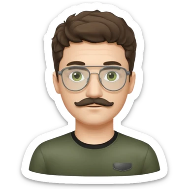 Light brunette wavy haired young man with pale skin and metal aviator glasses. Eyes are greenish grey and he has a moustache. Black t-shirt. sticker
