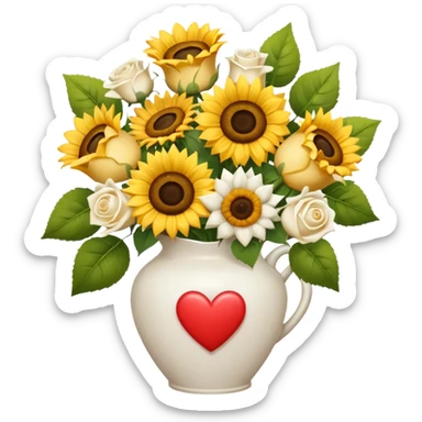 Bouquet with yellow roses sunflowers and white roses in a white vases with hearts and a white bow sticker