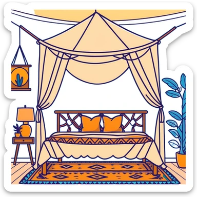 cozy boho bedroom with canopy bed, macramé wall hangings, and warm lighting sticker
