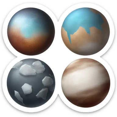 A planet, with icy surface, mostly white, light brown, red brown, grayish blue, and dark charcoal, reflecting its icy plains, organic-rich regions, and rocky surfaces. sticker