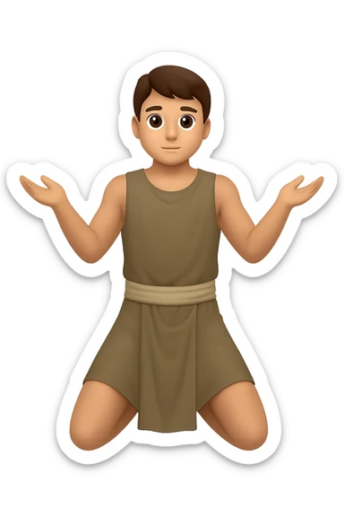Remake this emoji in apple emoji style with brown hair and no silver handbands, fullbody apostle kneeling pose, variation 3. Keep the apple emoji style look and feel. sticker