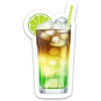 a tall and thin highball cocktail with 2 colors, brown on the bottom and light yellow on top with thin crush ice and a straw, juste one drink, clear separation between colors, lime on top sticker