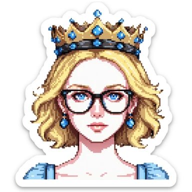 beautiful princess with blonde hair, bright blue eyes, wearing stylish glasses and a crown sticker