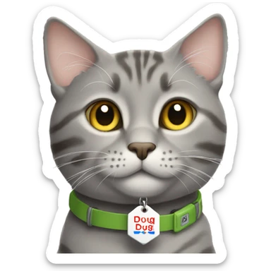 Grey tabby cat with a name tag that says DOUG sticker
