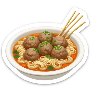 Cinematic Realistic Bakso Dish Emoji, showcasing savory meatball soup with noodles rendered with detailed textures and warm, inviting lighting. sticker