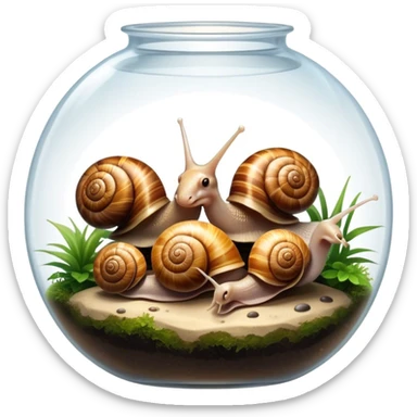 Close-up of large home snails inside a terrarium, showcasing their soft, spiral shells and glistening bodies, with a gentle light highlighting their details. With stones and grass and flowers. Transparent background. sticker