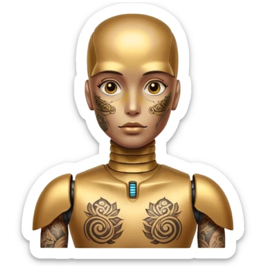 gold Tatooed robot, big many tatooes on chest, neck and face, white tatoo on face sticker