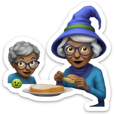 smart granny witch with glasses and blue hat lunching with friends sticker