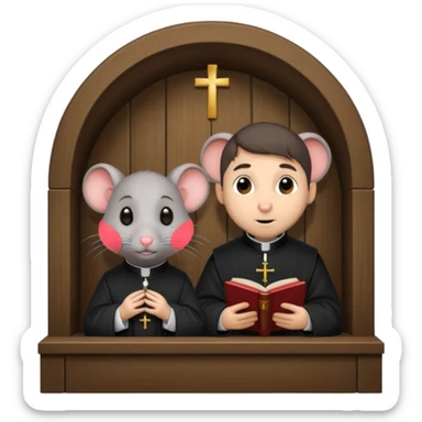 A female catholic rat in a confession booth with a male priest sticker