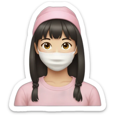young korean girl with straight bangs and beige face mask and black headband and pink crewneck sweatshirt sticker